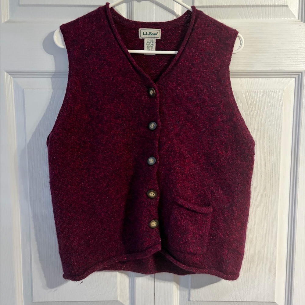 L.L. Bean Women's Deep Burgundy V-Neck Button Wool Vest